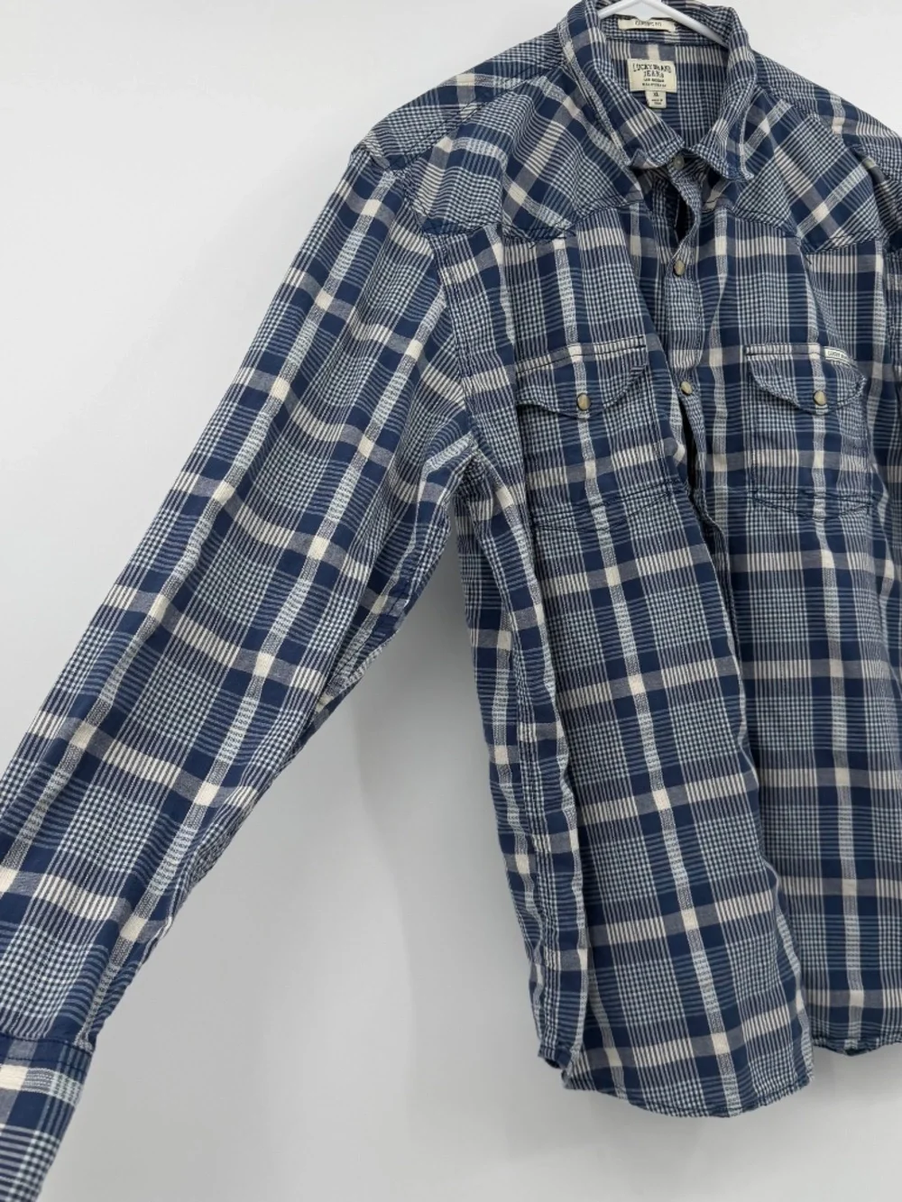 Lucky Brand Shirt Men XL Blue Pearl Snap Buttons Up Long Sleeve Western Plaid